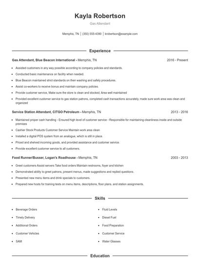 Gas Attendant Resume