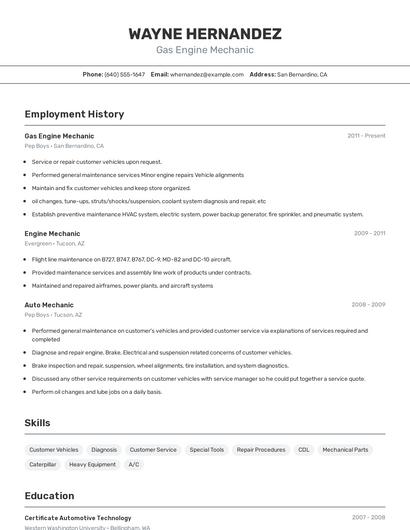 Gas Engine Mechanic Resume