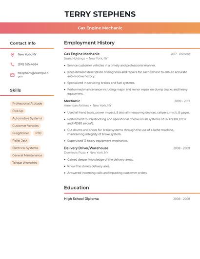 Gas Engine Mechanic Resume