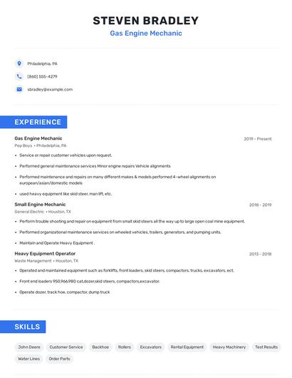 Gas Engine Mechanic Resume