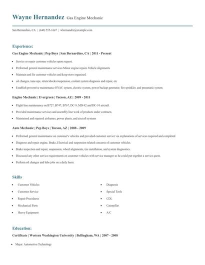 Gas Engine Mechanic Resume