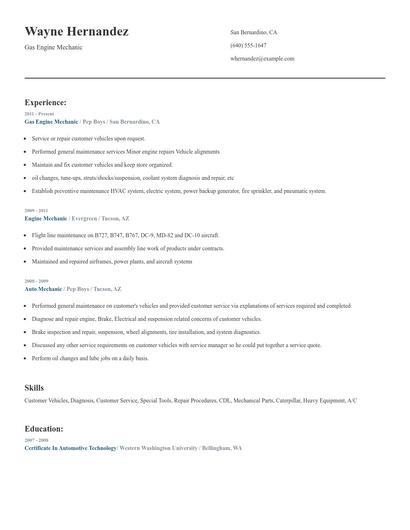 Gas Engine Mechanic Resume