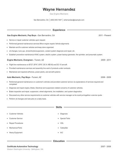 Gas Engine Mechanic Resume