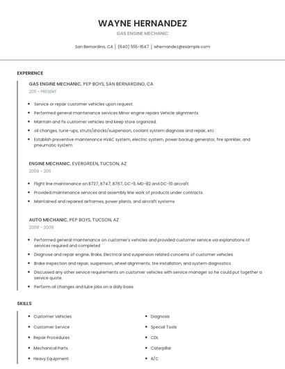 Gas Engine Mechanic Resume