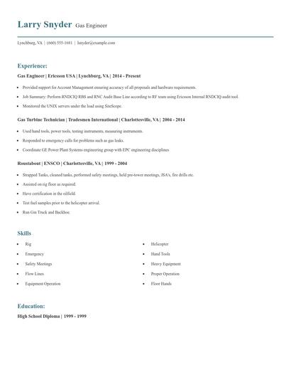 Gas Engineer Resume