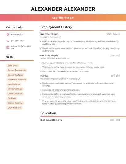 Gas Fitter Helper Resume