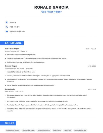 Gas Fitter Helper Resume