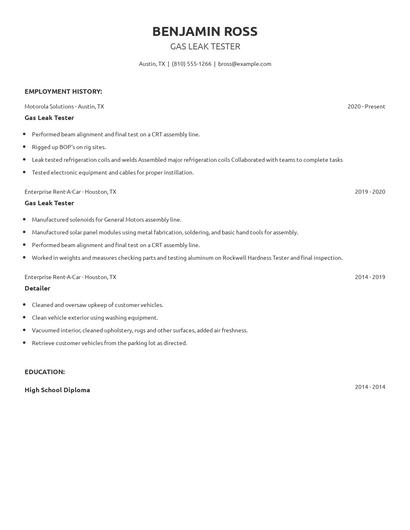 Gas Leak Tester Resume