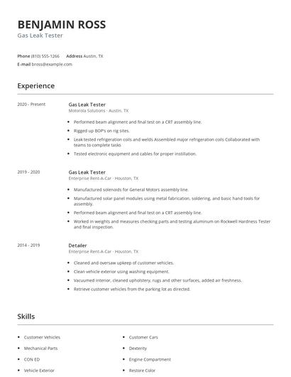 Gas Leak Tester Resume
