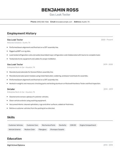 Gas Leak Tester Resume