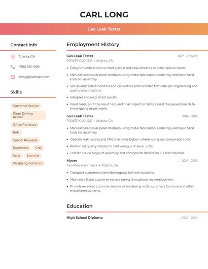 Gas Leak Tester Resume