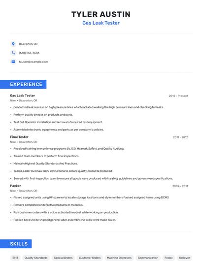 Gas Leak Tester Resume