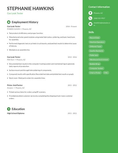 Gas Leak Tester Resume