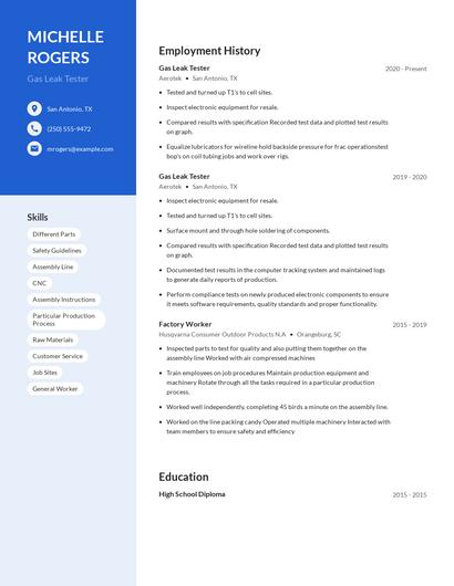 Gas Leak Tester Resume