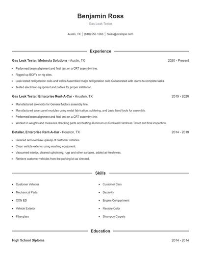 Gas Leak Tester Resume