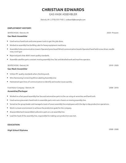 Gas Mask Assembler Resume