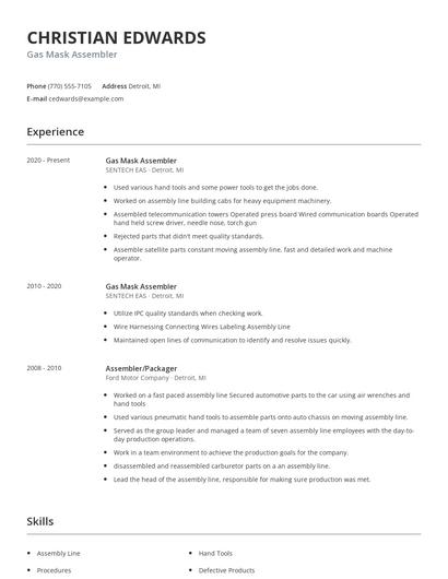Gas Mask Assembler Resume
