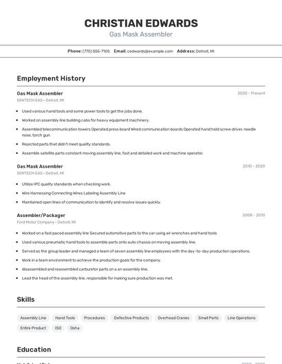 Gas Mask Assembler Resume