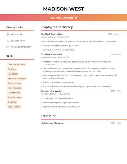 Gas Mask Assembler Resume