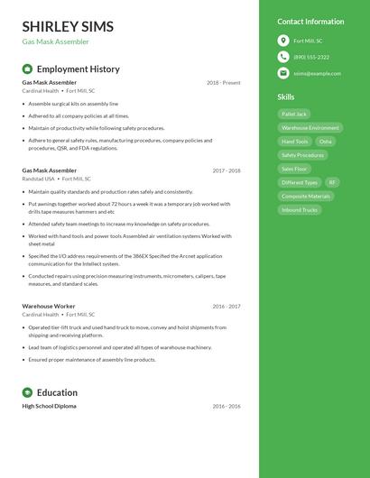 Gas Mask Assembler Resume