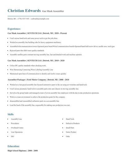 Gas Mask Assembler Resume