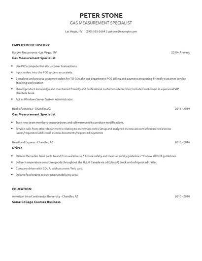 Gas Measurement Specialist Resume