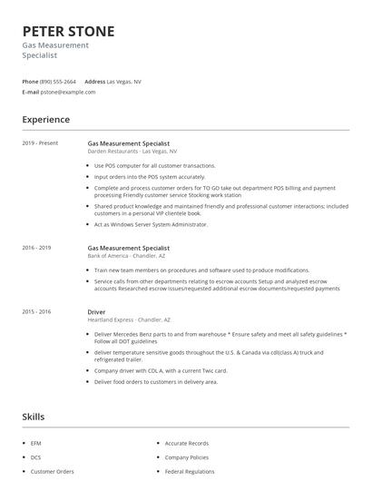 Gas Measurement Specialist Resume