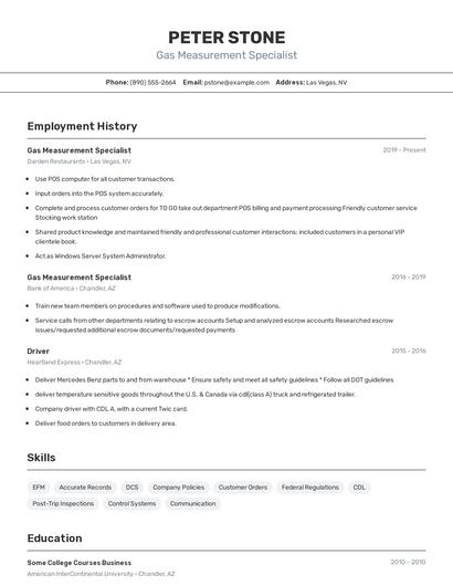 Gas Measurement Specialist Resume