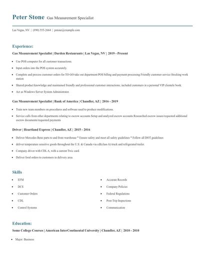 Gas Measurement Specialist Resume