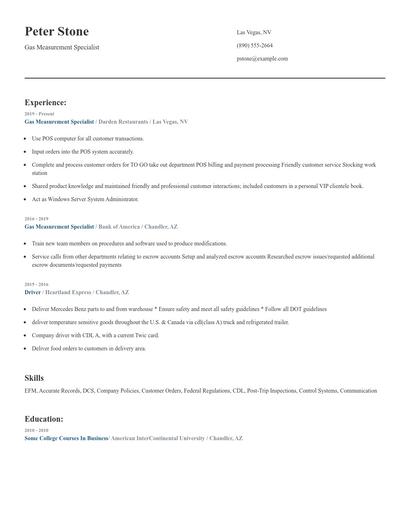 Gas Measurement Specialist Resume