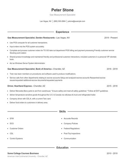 Gas Measurement Specialist Resume