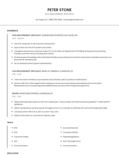 Gas Measurement Specialist Resume