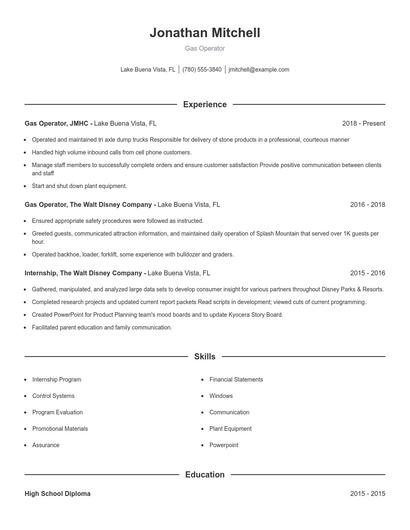 Gas Operator Resume