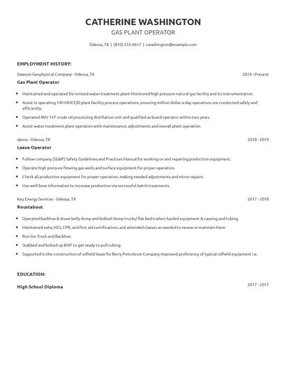 Gas Plant Operator Resume