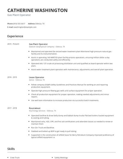 Gas Plant Operator Resume