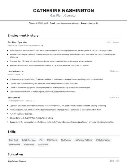 Gas Plant Operator Resume