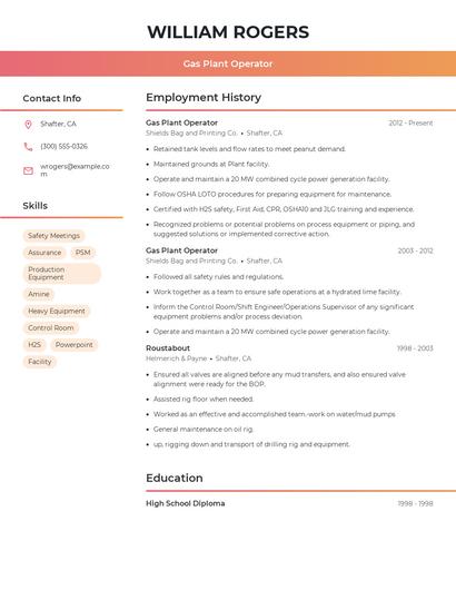 Gas Plant Operator Resume