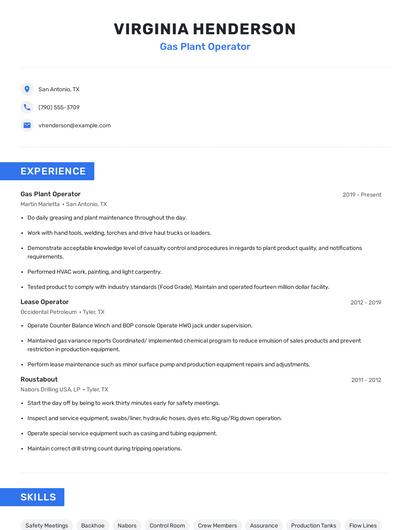Gas Plant Operator Resume