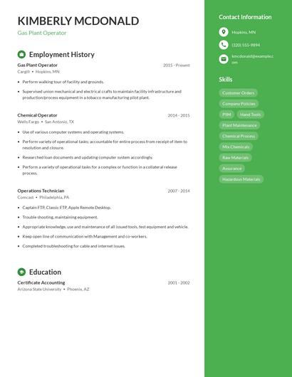 Gas Plant Operator Resume