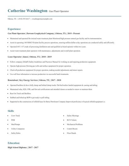 Gas Plant Operator Resume
