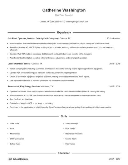 Gas Plant Operator Resume