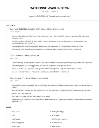 Gas Plant Operator Resume