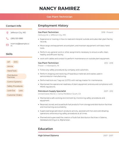 Gas Plant Technician Resume