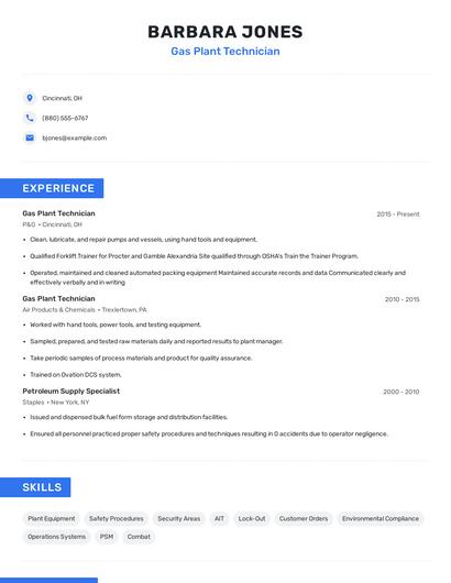Gas Plant Technician Resume