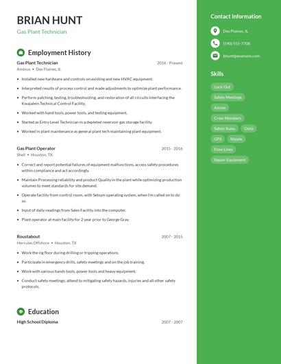 Gas Plant Technician Resume
