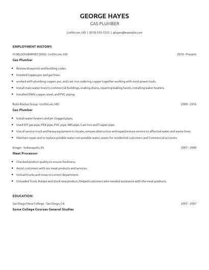 Gas Plumber Resume