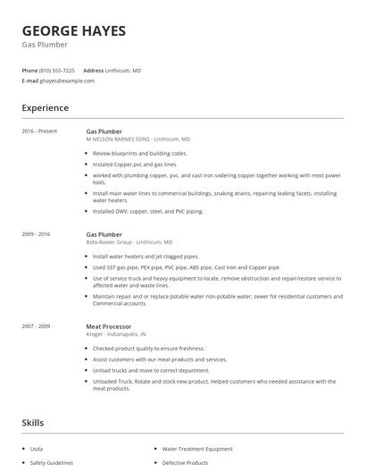 Gas Plumber Resume