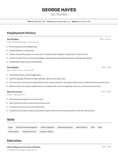 Gas Plumber Resume