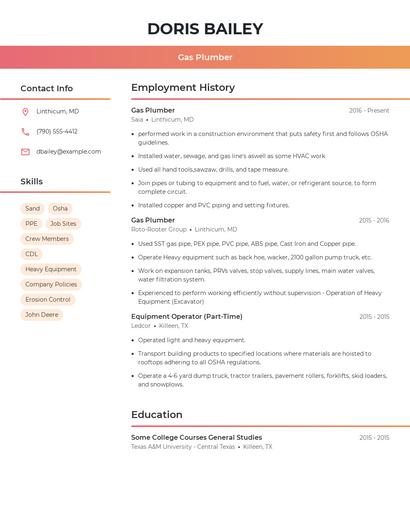 Gas Plumber Resume