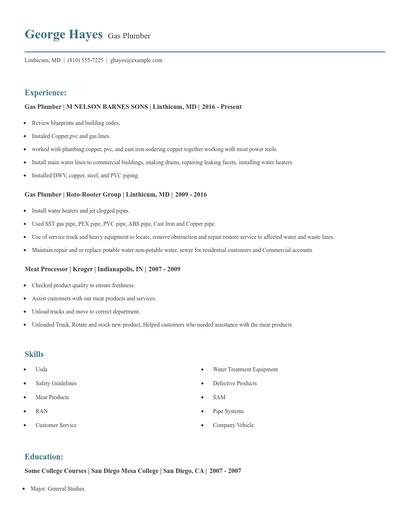 Gas Plumber Resume